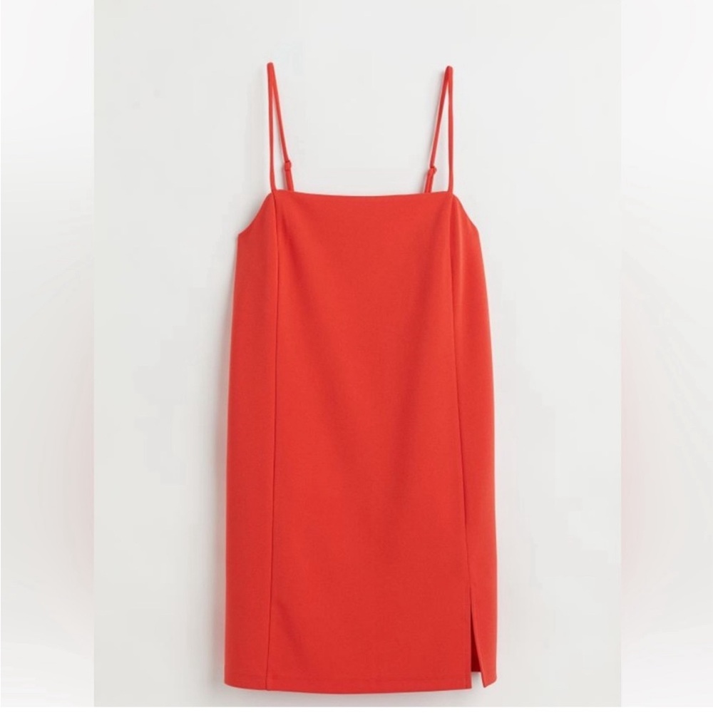 Red Square Neck Spaghetti Strap Shift Dress by H&M